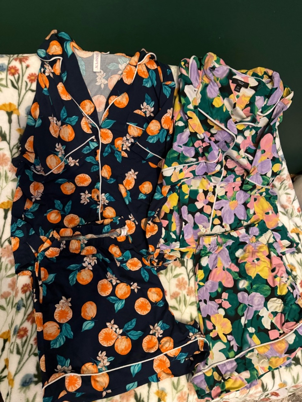 Two, two-piece pajama shorts sets! Oranges and Floral! 2 different brands!